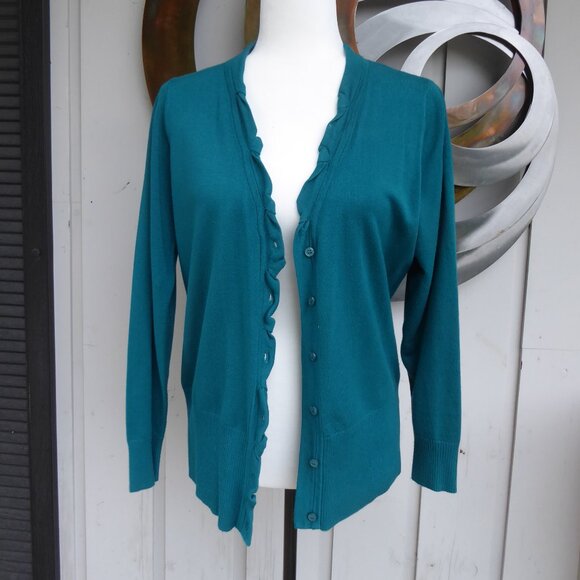 Teal Cardigan with ruffled front detail, Size Lg - Picture 2 of 3